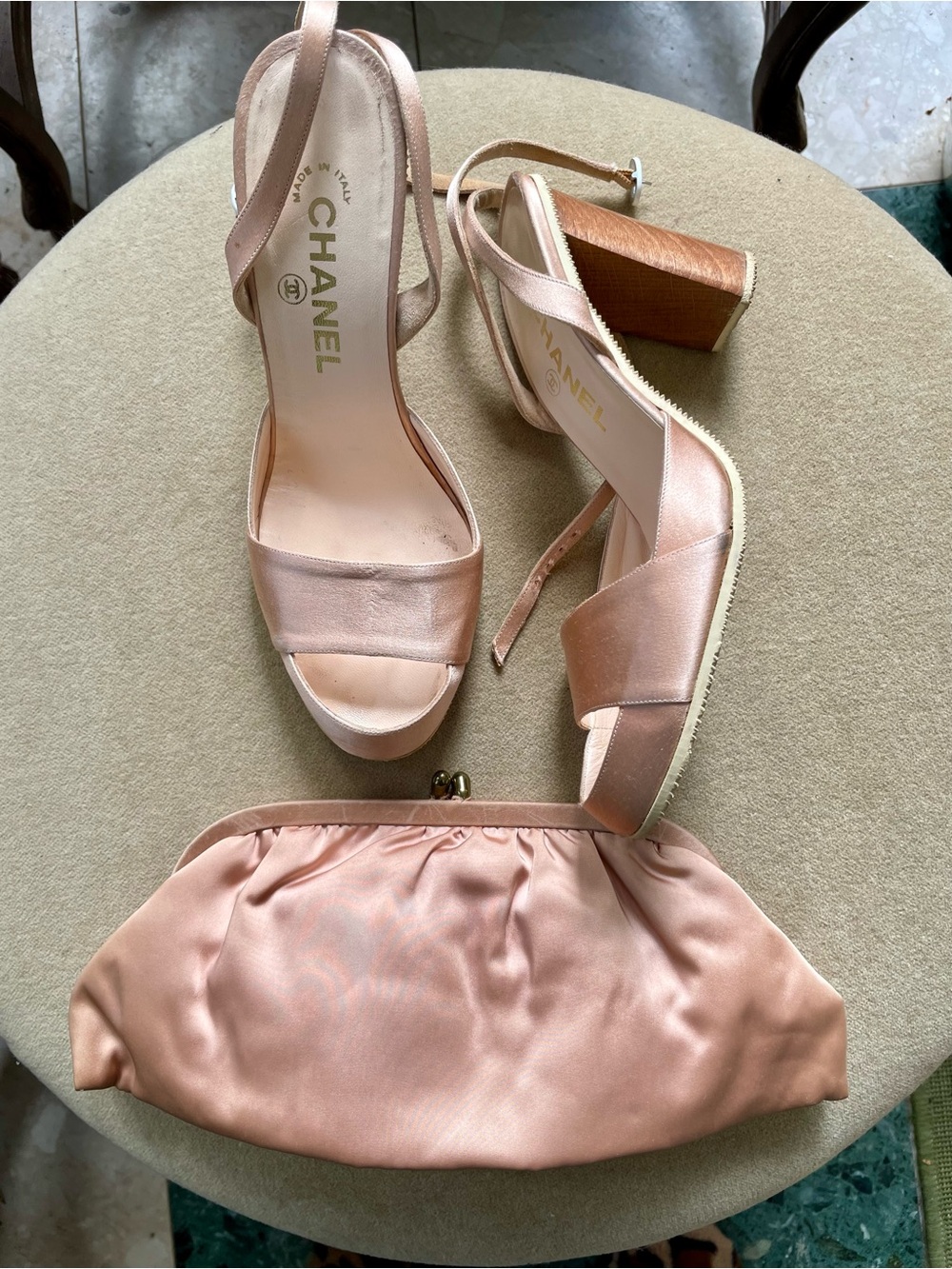 CHANEL Blush Satin Block-Heel Sandals - Picture 12 of 12